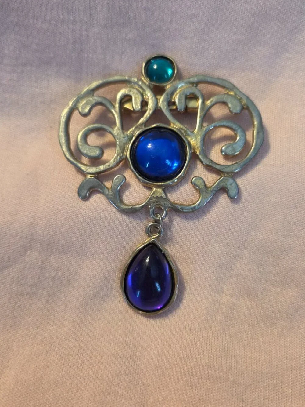 Vintage Silver-Tone Filigree Brooch | Ornate Scrollwork Pin with Blue Cabochon a